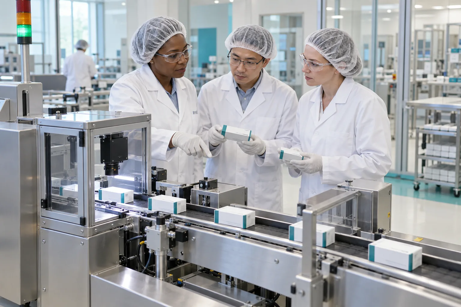 pharmaceutical quality specialists reviewing a packaging inspection station.