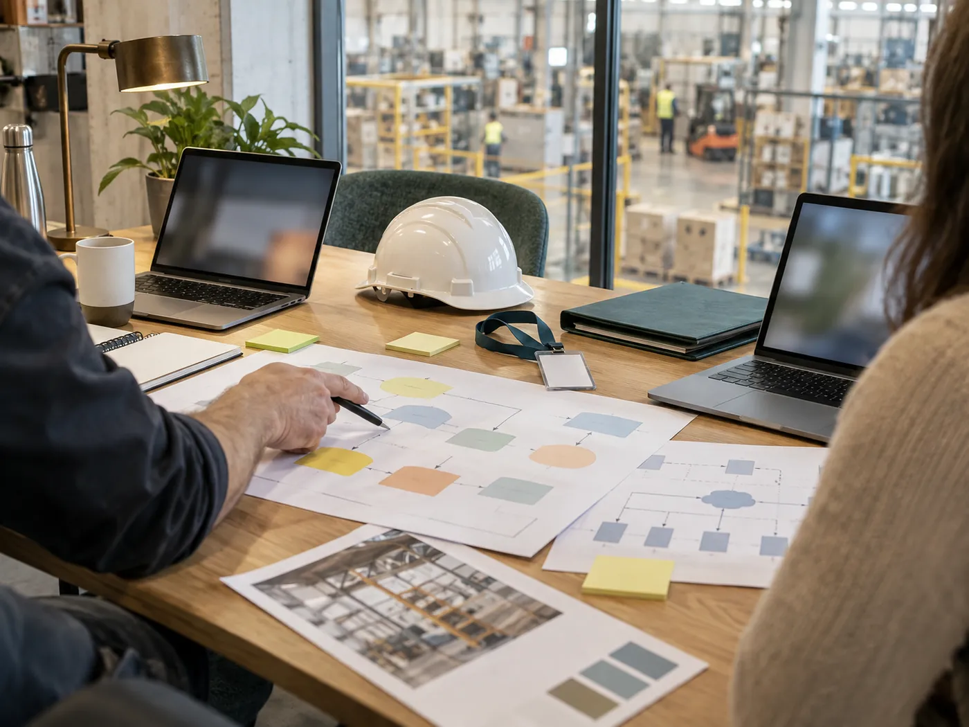 A working table inside an operations office, with process maps, laptops and a hard hat, beside a window onto the plant floor.
