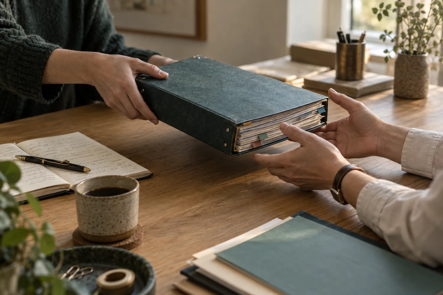 One person passing a well-used operating binder across a desk to another.