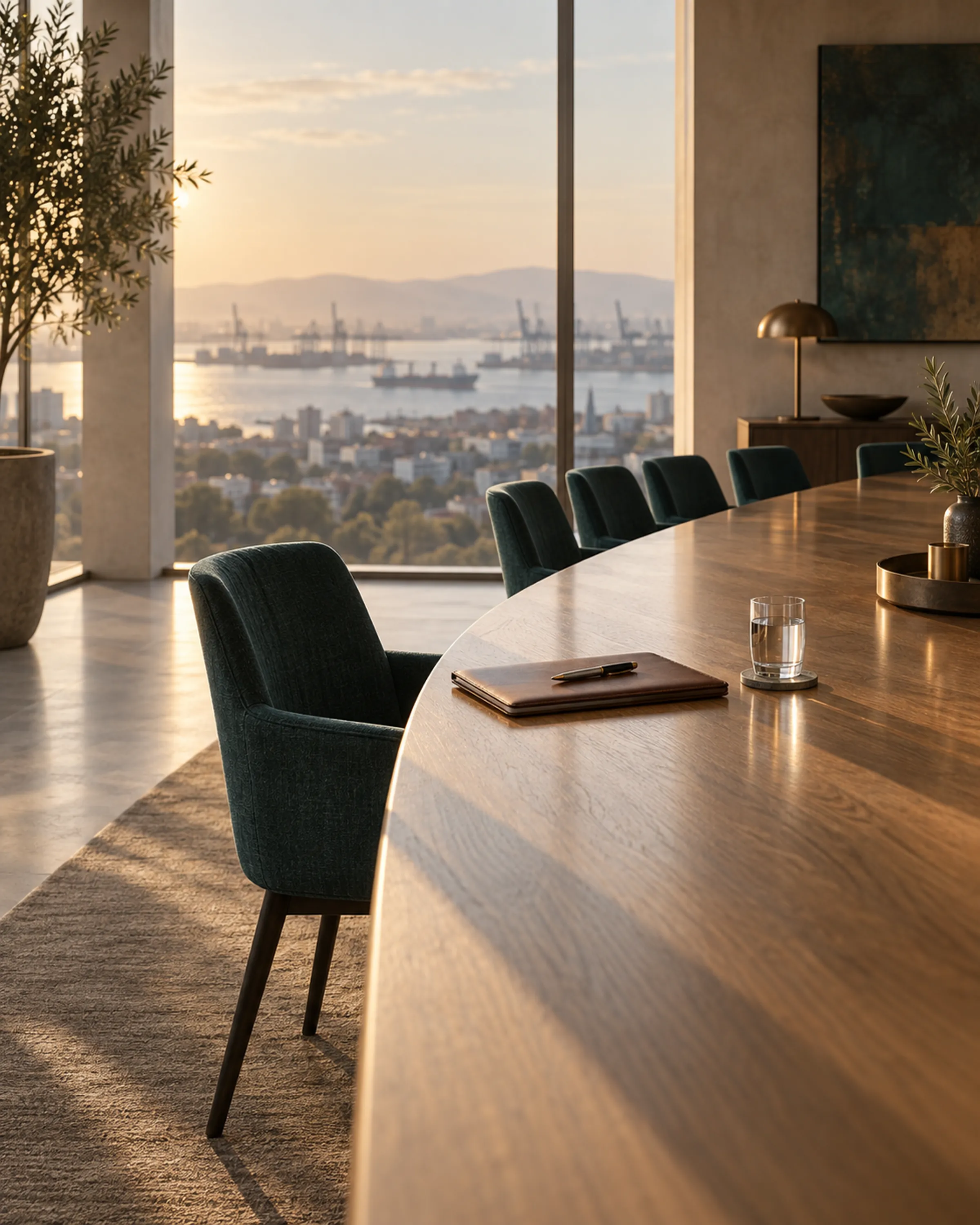 A leadership table with one chair drawn back and a folio set at its place, ready for a new leader.