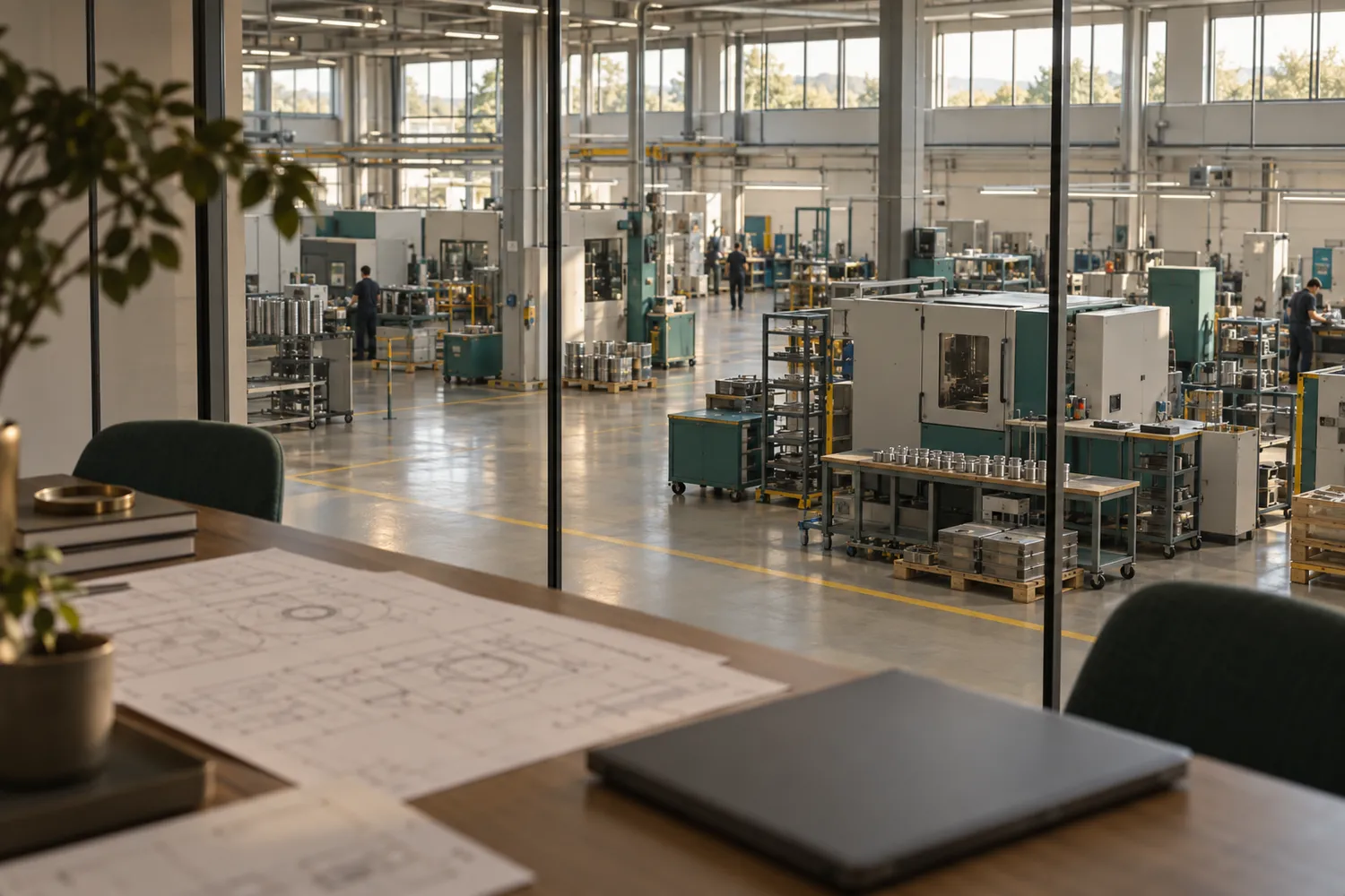 A meeting room overlooking a manufacturing hall, with printed plans on the table.