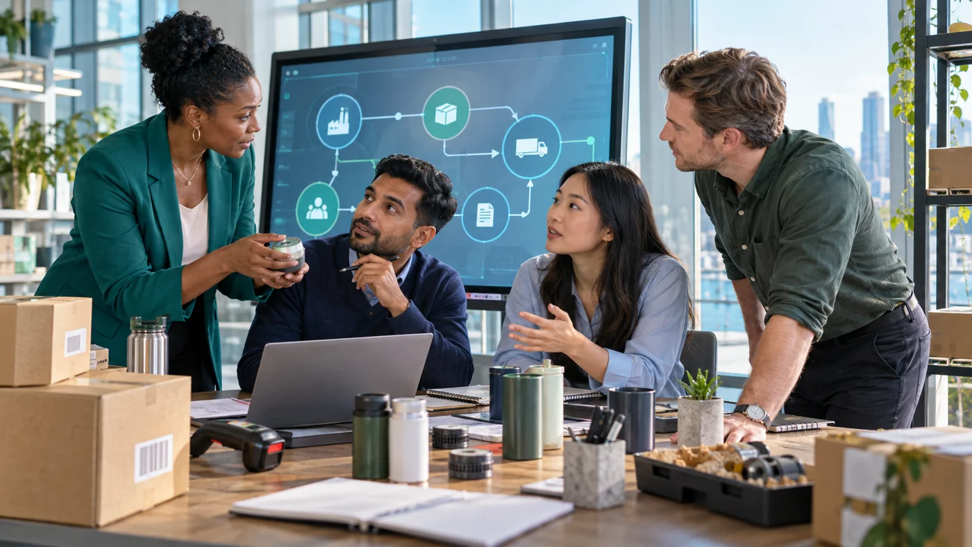 Colleagues rehearse a changed business process with a platform specialist.