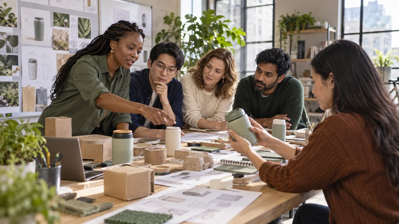 Colleagues examine product samples and packaging while shaping a customer proposition.