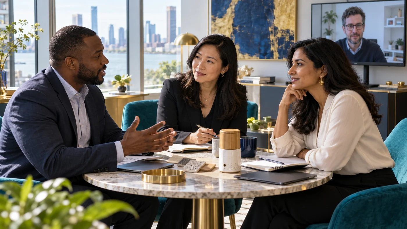 Business leaders and advisers exploring an ambition together, with a remote colleague.