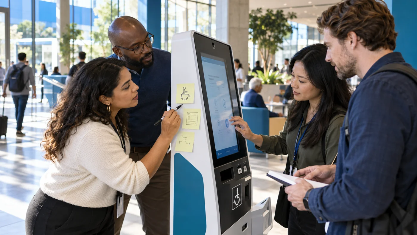 A service-design team testing an accessible kiosk prototype with a customer.