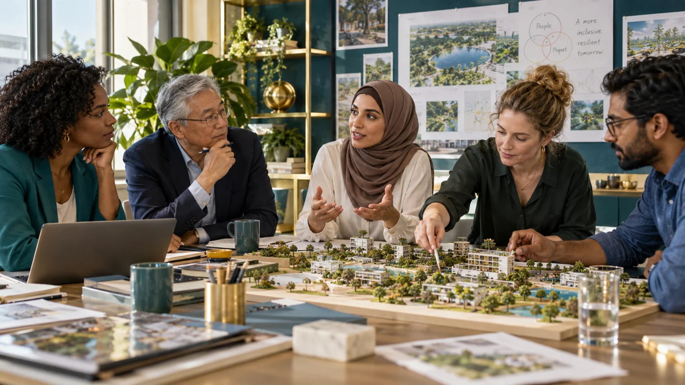 A diverse leadership team explores the relationships within an enterprise model.