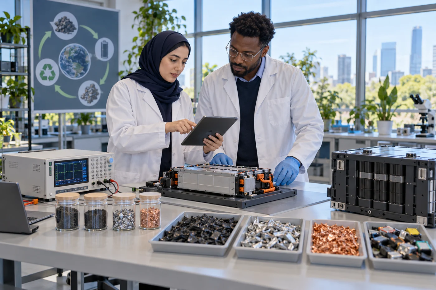 Concept illustration: Researchers review a battery module alongside material samples, second-life storage and recycling evidence.
