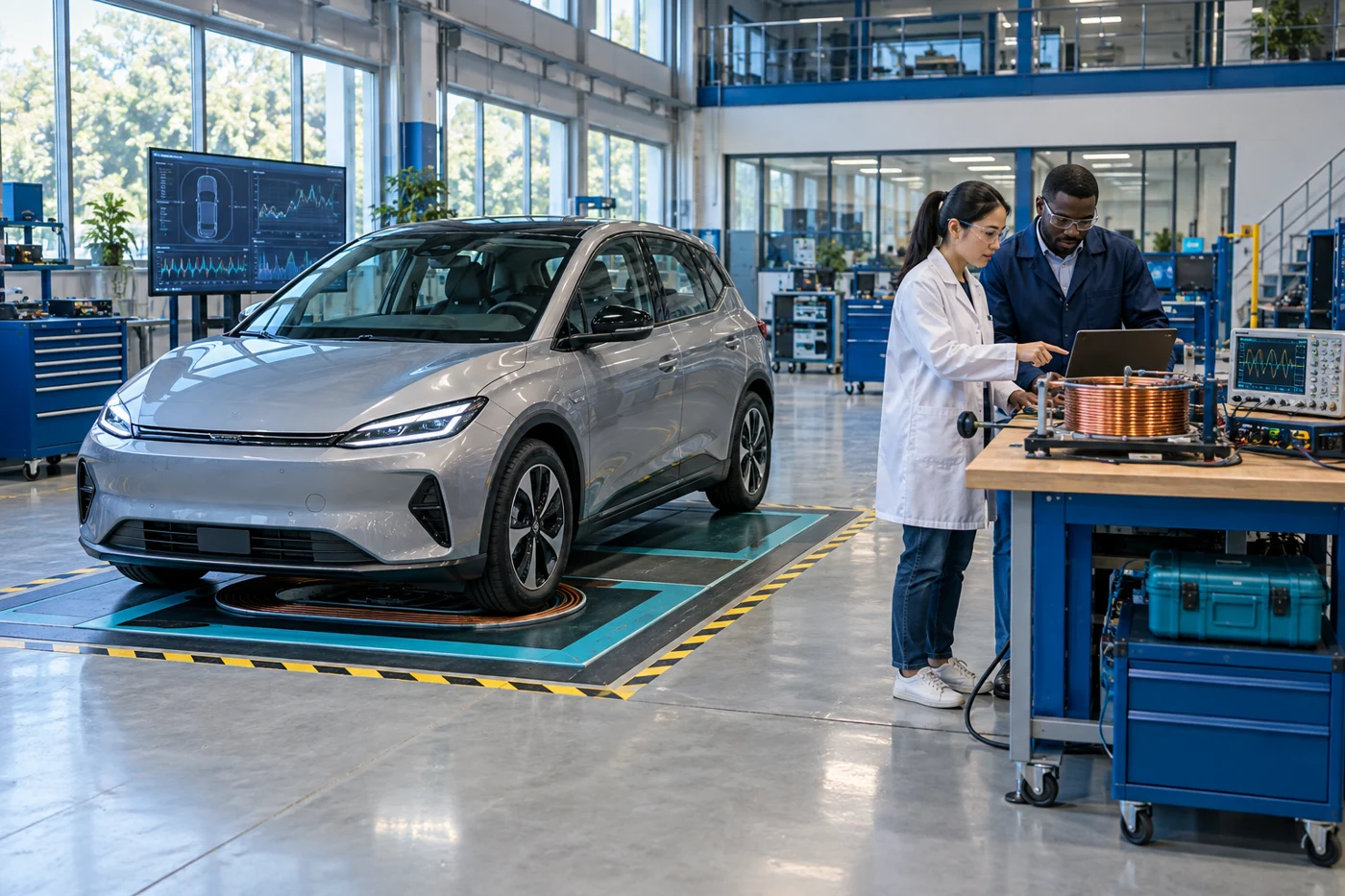 Concept illustration: Engineers review a stationary electric vehicle on an induction charging test pad.
