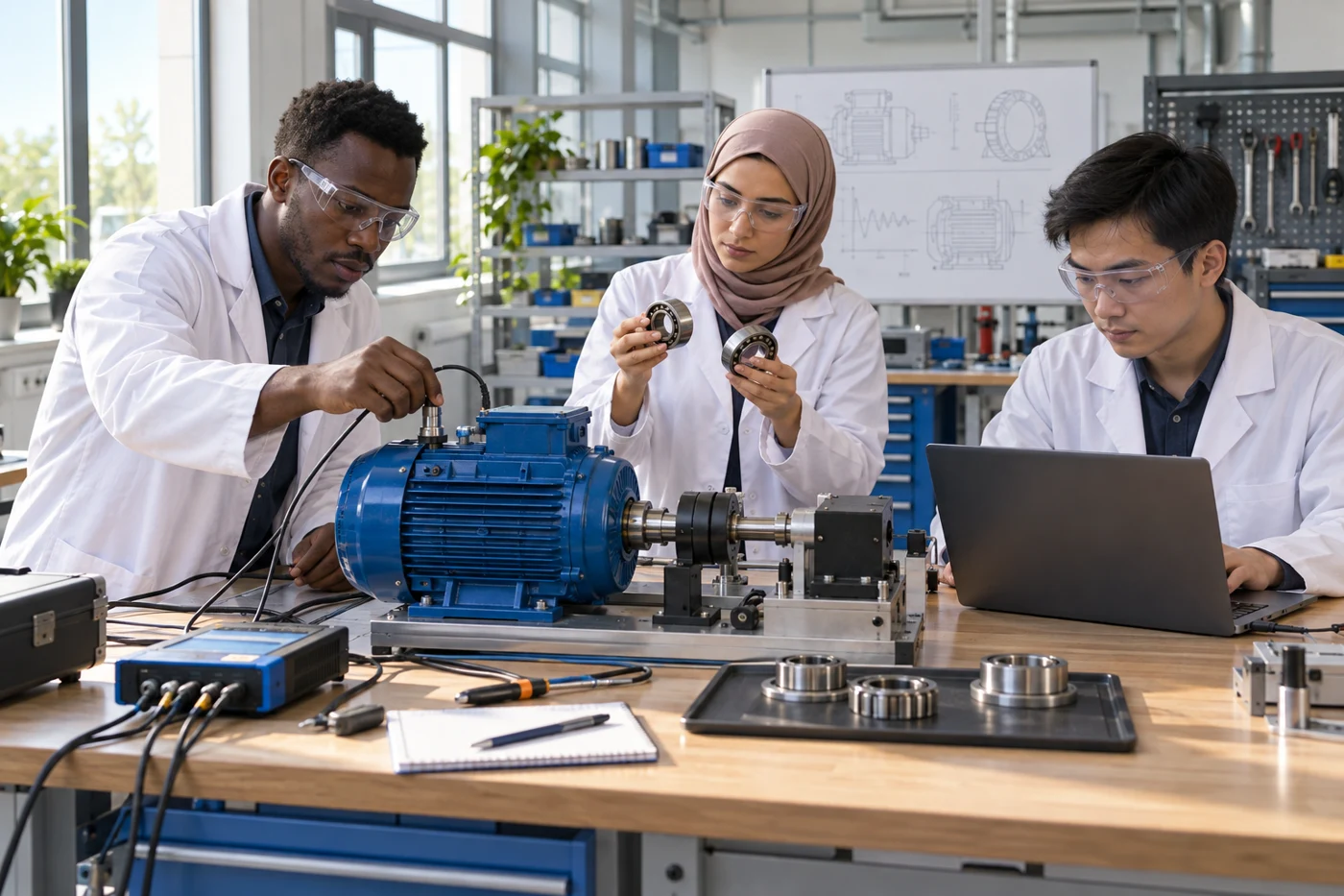 Concept illustration: A challenge team tests a motor sensor prototype against bearing evidence.