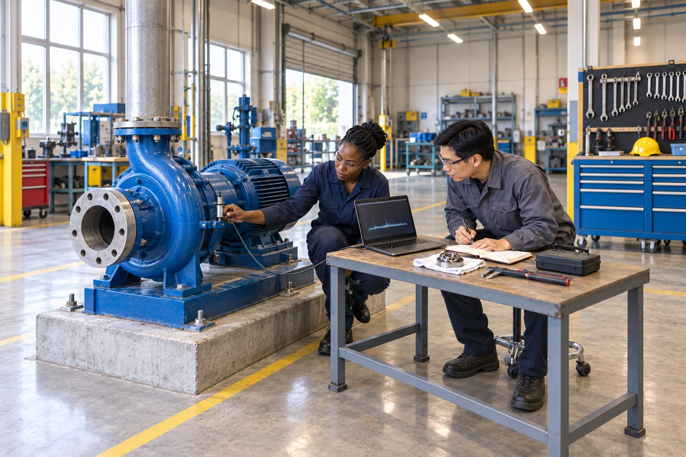Concept illustration: Engineers connect a pump vibration reading with equipment history and a bearing inspection.