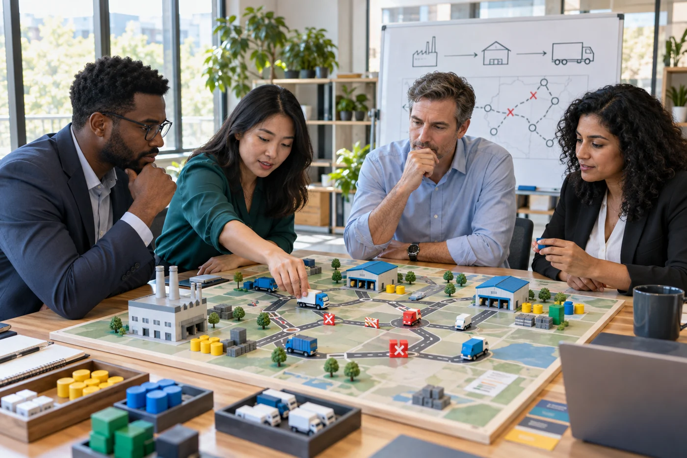 Concept illustration: Business leaders rehearse a supply disruption using a complete tabletop enterprise simulation.