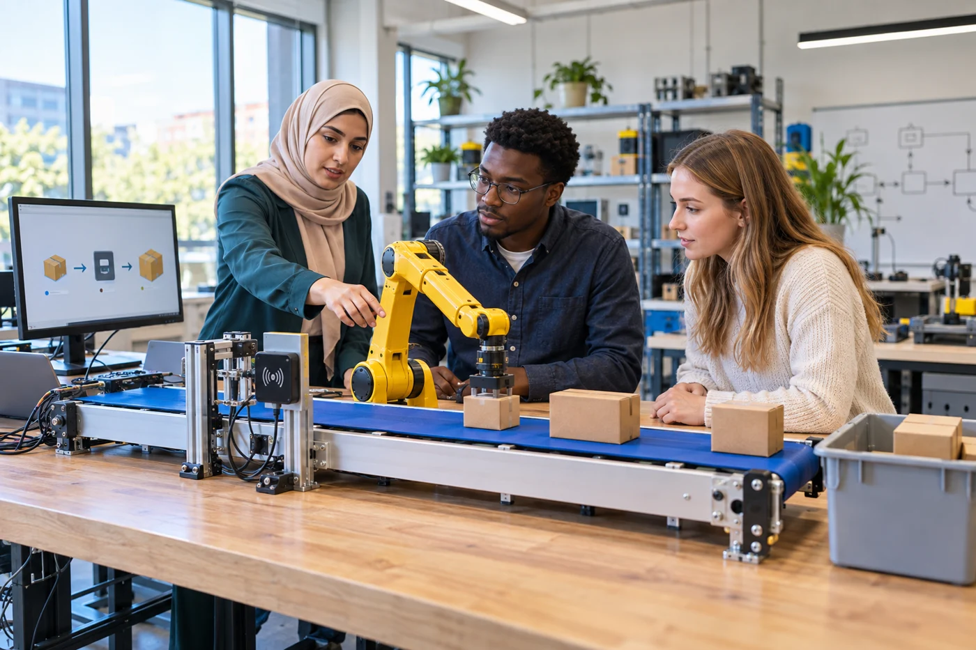 Concept illustration: An educator and adult learners test a conveyor, robotic arm and RFID reader together.