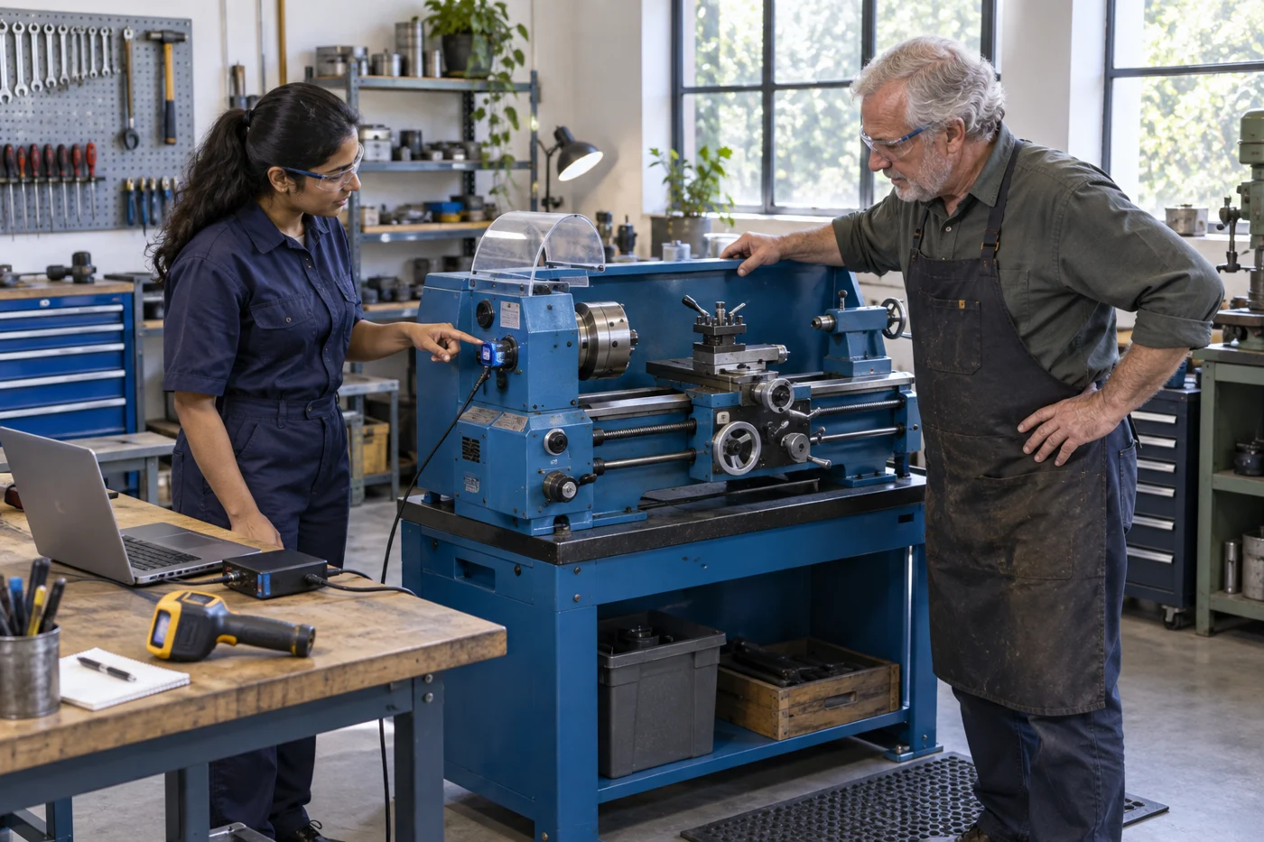 Concept illustration: An engineer and workshop owner inspect a retrofit sensor and gateway on an idle lathe.