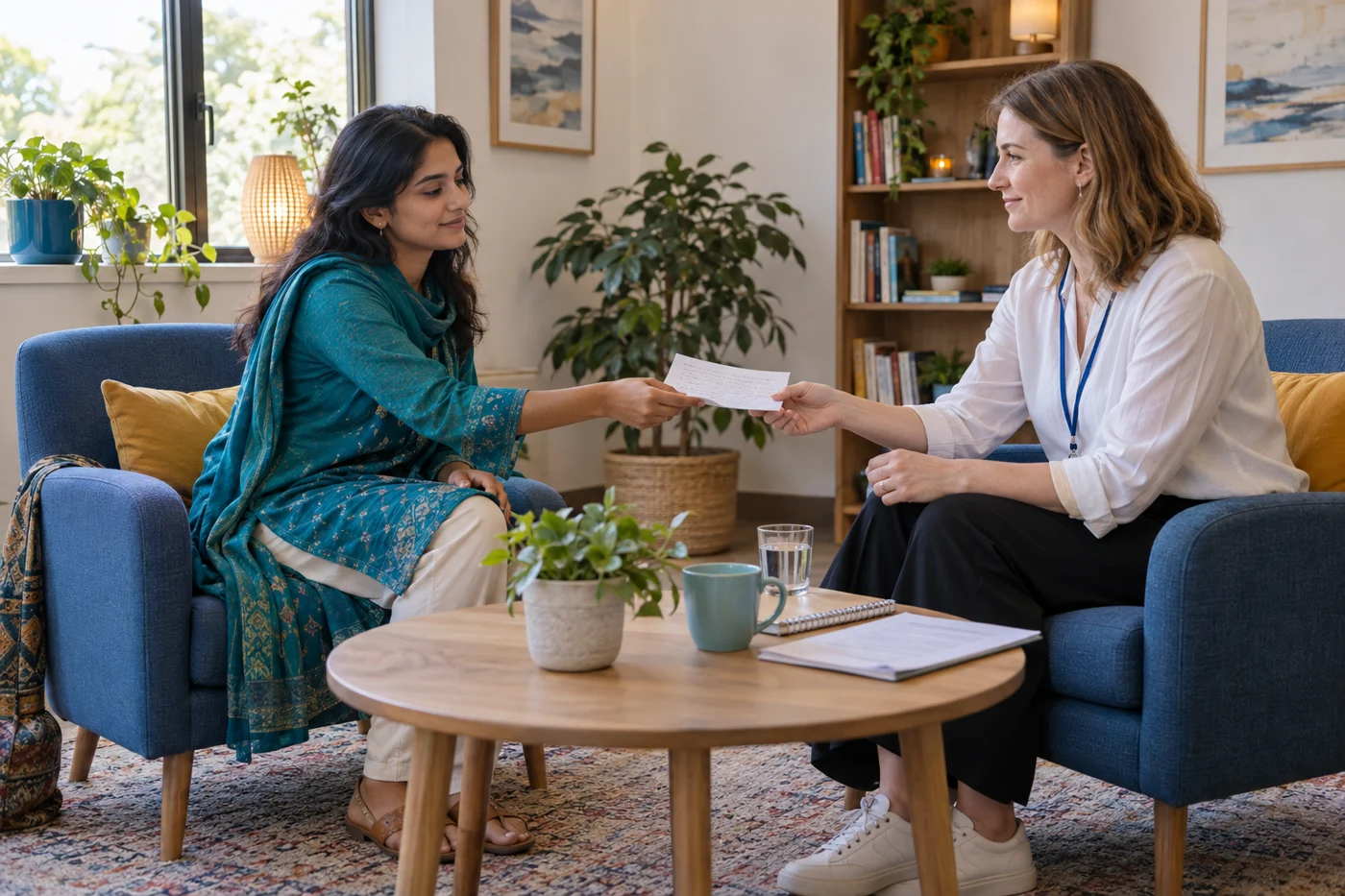 Concept illustration: A participant voluntarily shares a written reflection during a qualified support conversation.