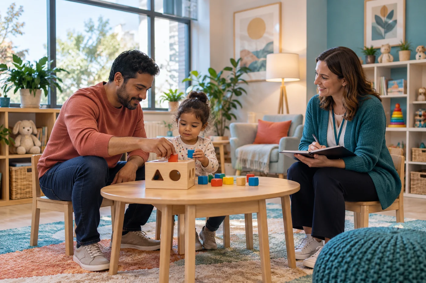 Concept illustration: A caregiver guides a child’s play activity while a specialist observes and records context.