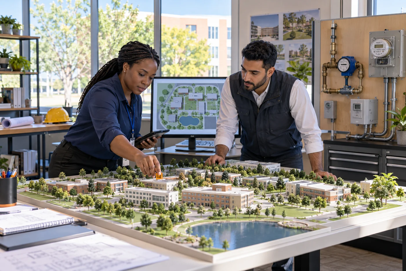 Concept illustration: Facilities specialists connect a campus model, asset tags and utility meters in one operating picture.
