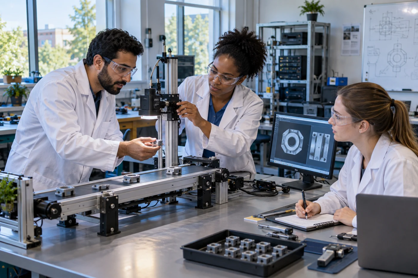 Concept illustration: Researchers and an industry practitioner test a camera-based inspection prototype.