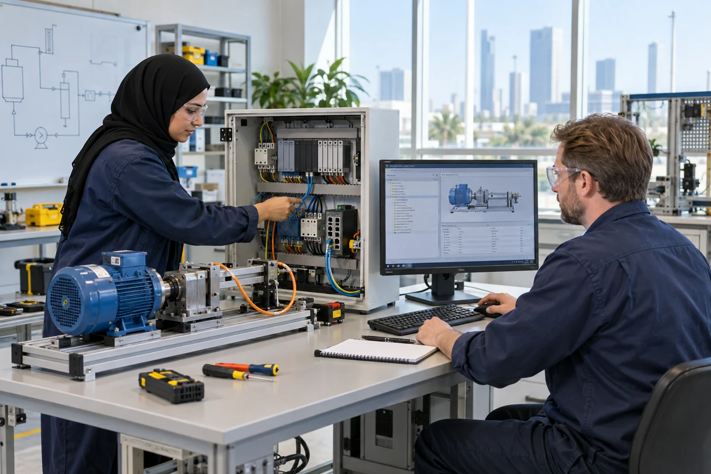 Concept illustration: An engineer and operator trace a motor signal through a PLC and gateway to an operator screen.