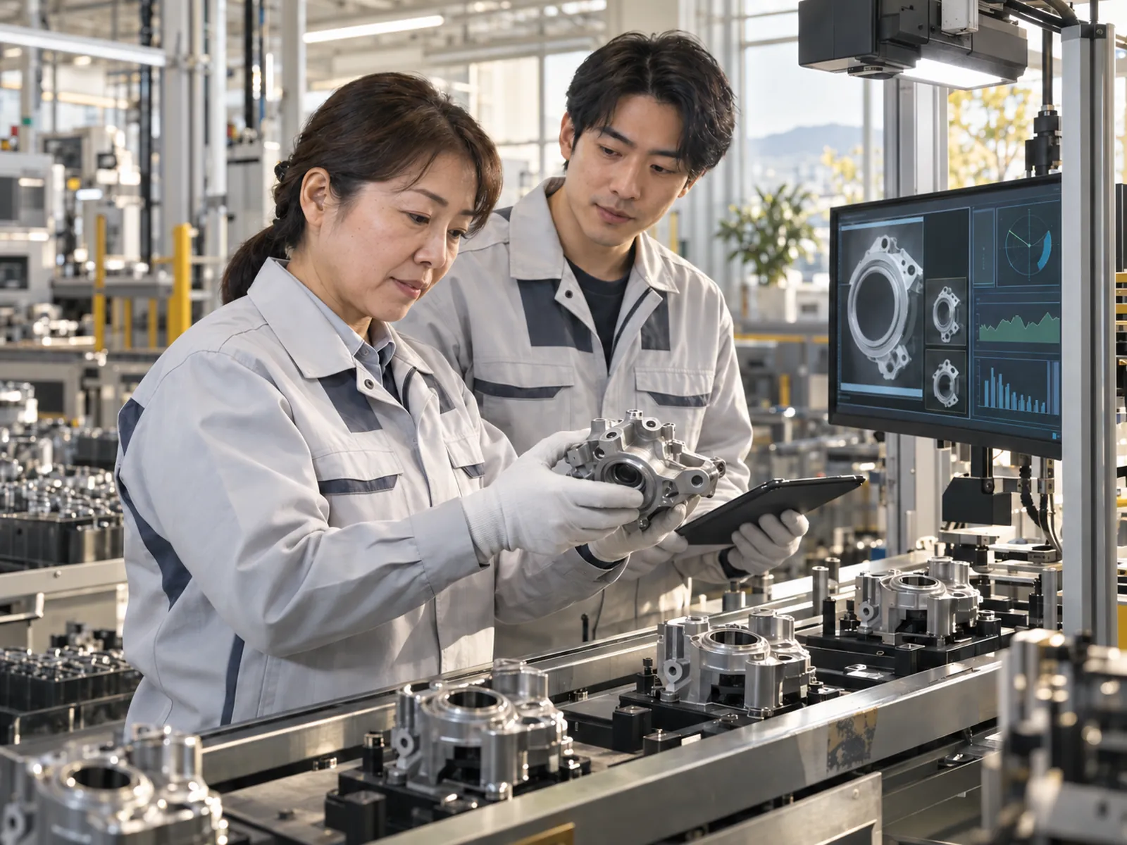 An inspector and a colleague check a component at a vision-inspection station.