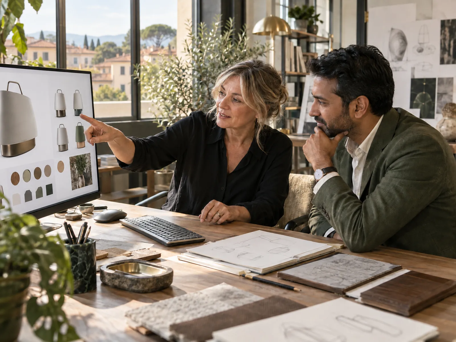 A designer shows product variants on screen to a client.