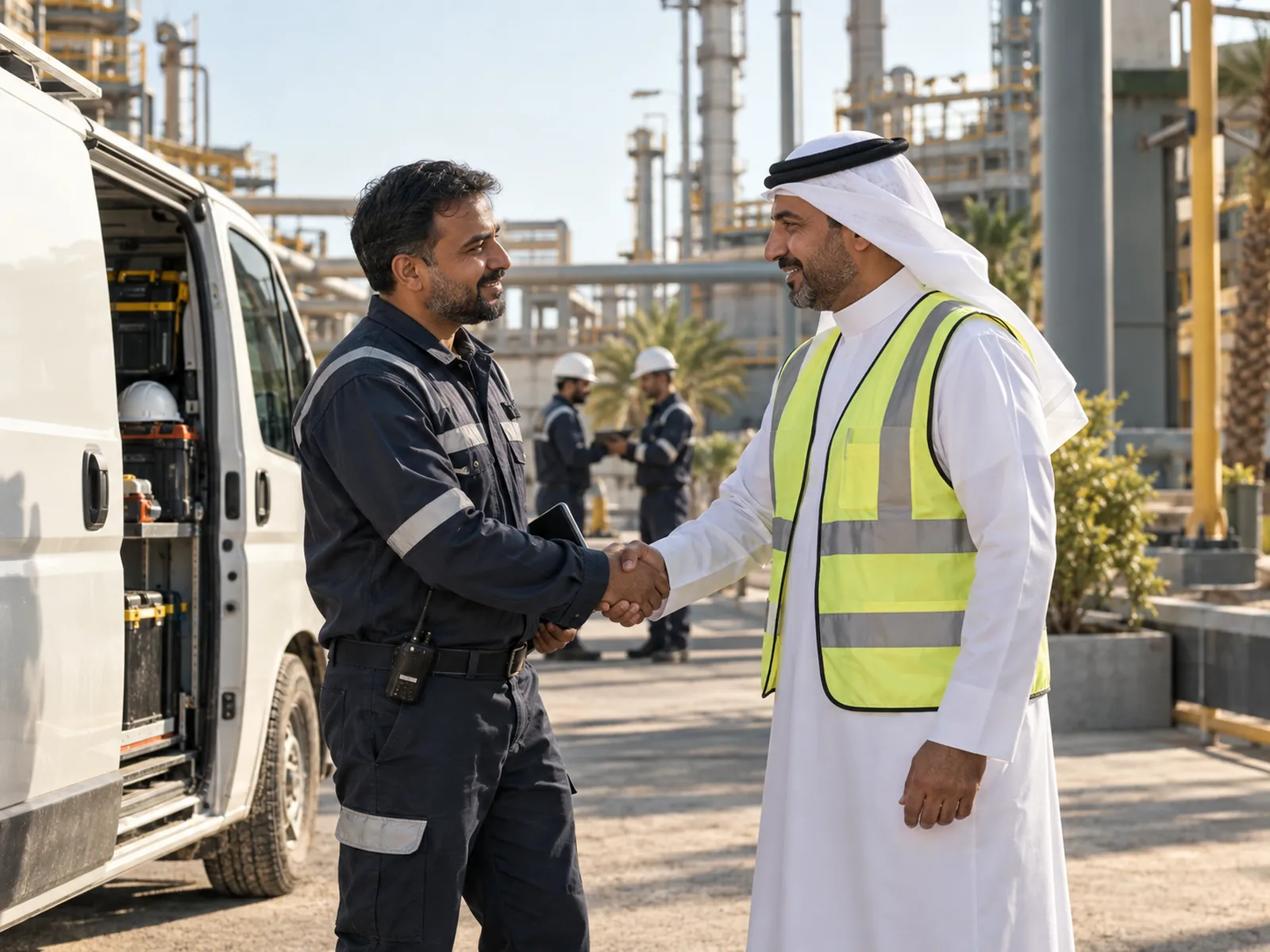An uptime-service engineer greets a site manager beside a service van.