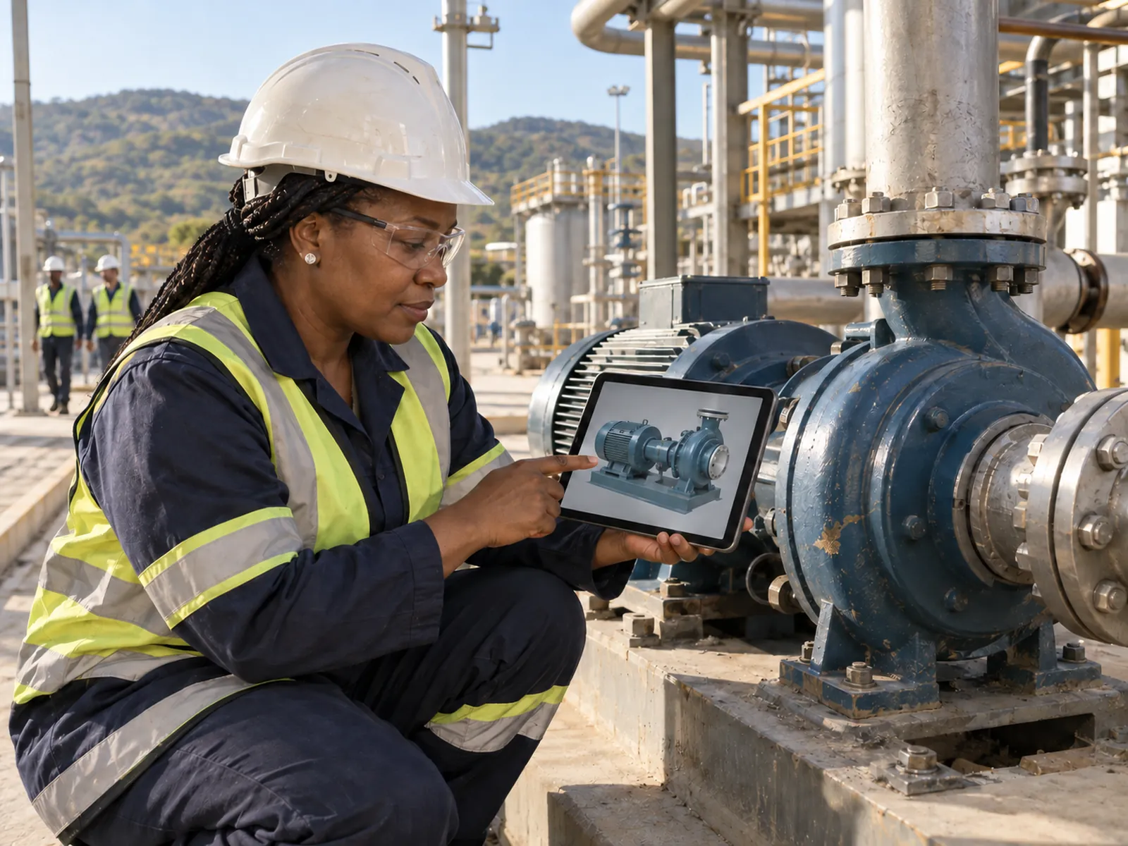An engineer compares a physical asset with its digital twin on a tablet.