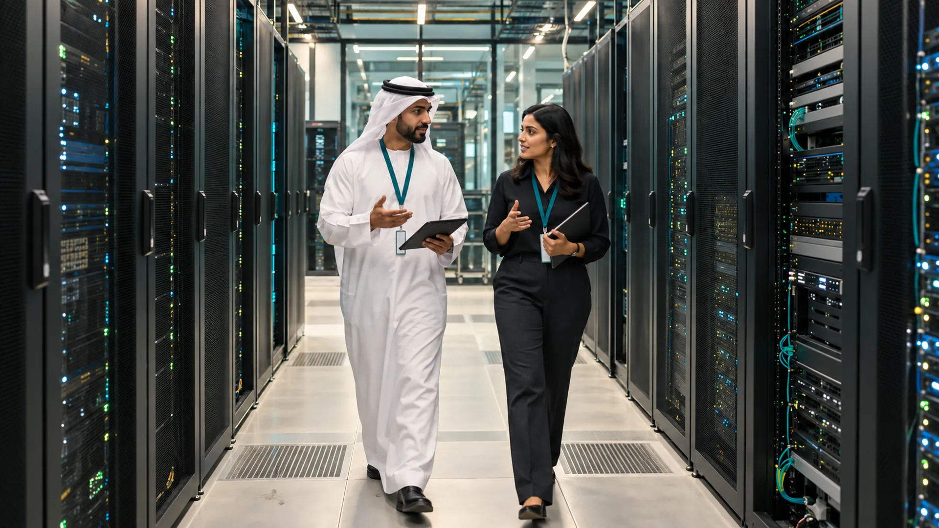 Two engineers talk as they walk a data-centre aisle.