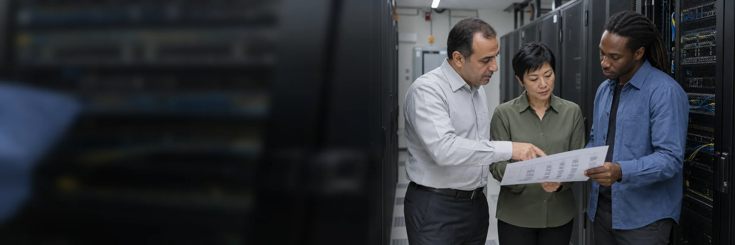 A CIO, a security officer and an architect review a rack plan together in a server room.