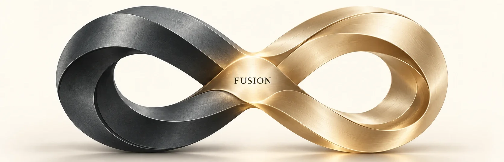 An infinity form in dark graphite and brushed brass, joined at a bright centre marked Fusion: Dependable Core and Enterprise Artificial Intelligence as one.