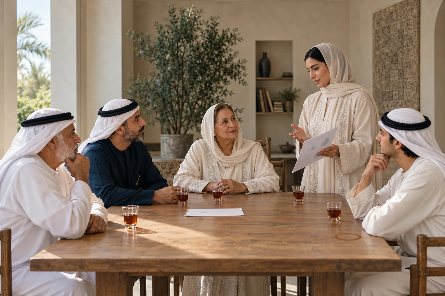 Five family members discuss a single page around a timber table with tea glasses.