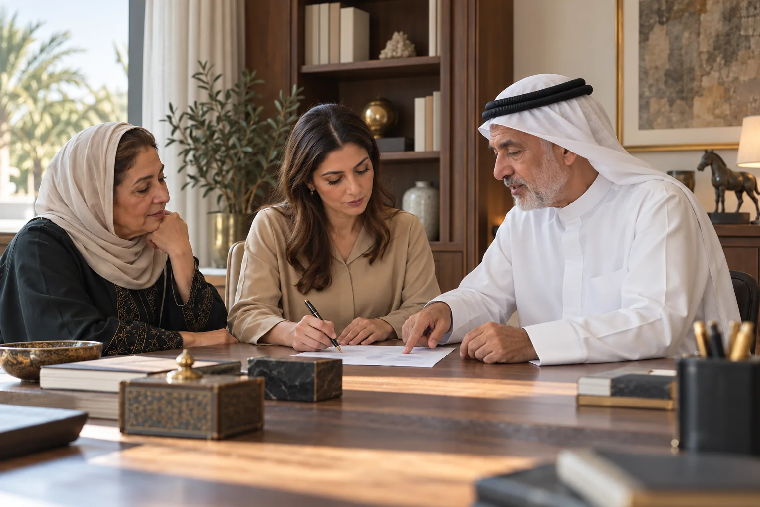 A founder explains a shared printed sheet while a younger woman annotates it and an older woman listens.