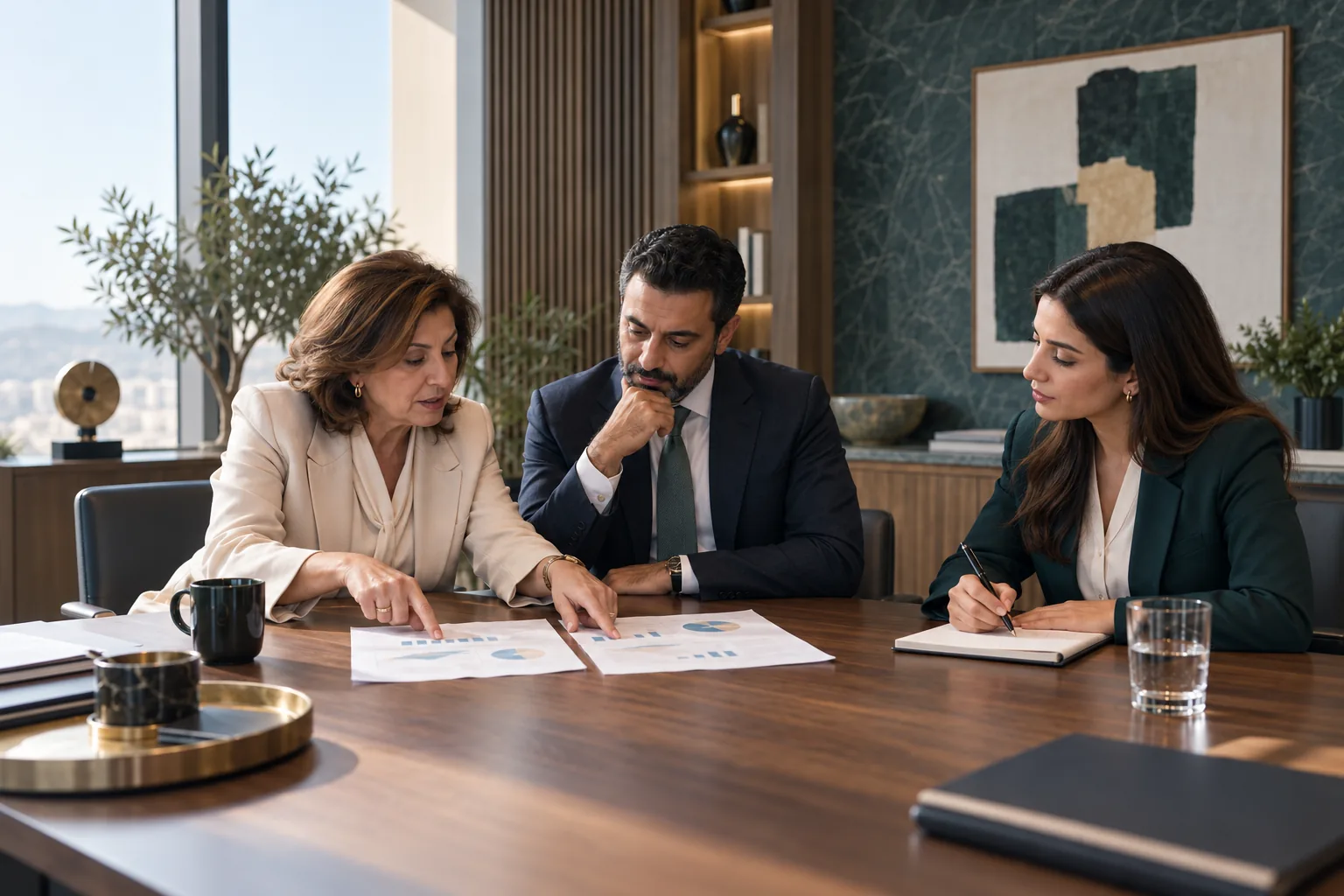 A finance leader compares two printed reports with an operations colleague while a third colleague takes notes.