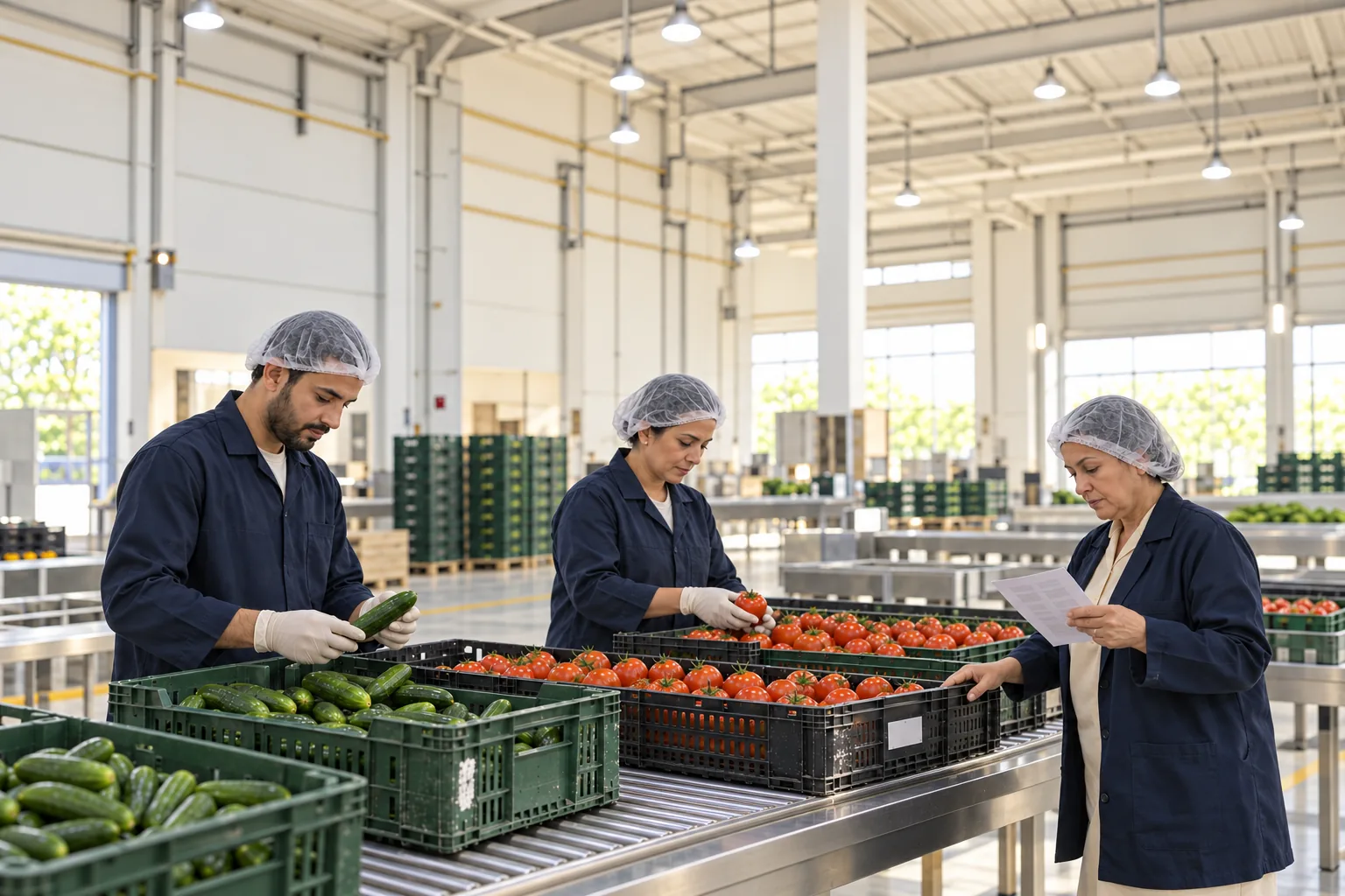 Two workers grade cucumbers and tomatoes while a supervisor checks a ticket against a crate label.
