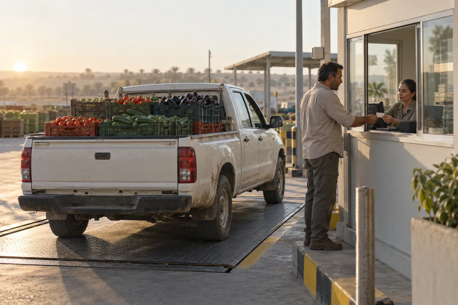 A driver hands a card to an intake clerk beside a pickup carrying vegetable crates on a weighbridge.