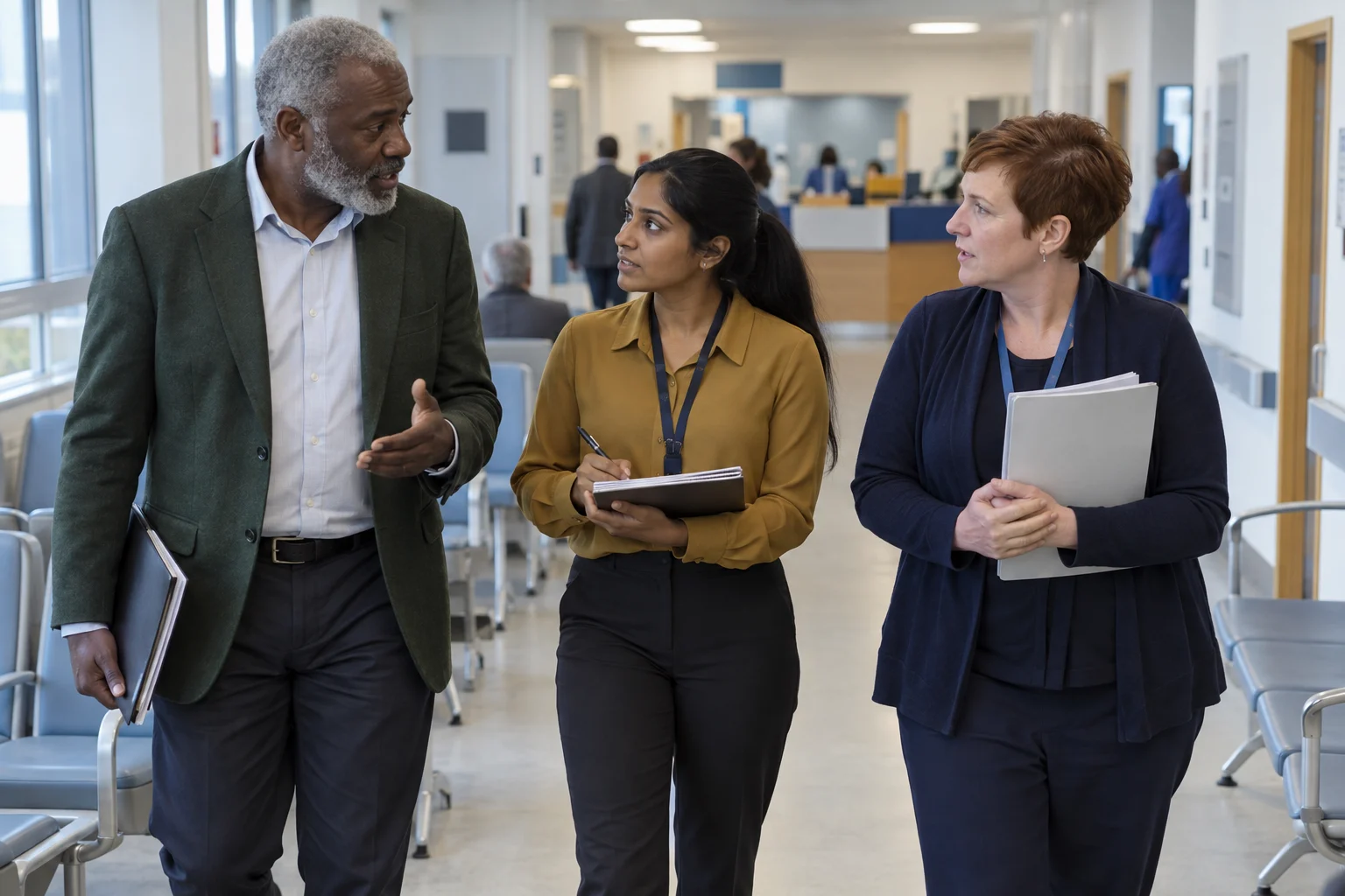 A senior practitioner and junior consultant walk an outpatient area with the hospital operations manager; the junior takes notes.