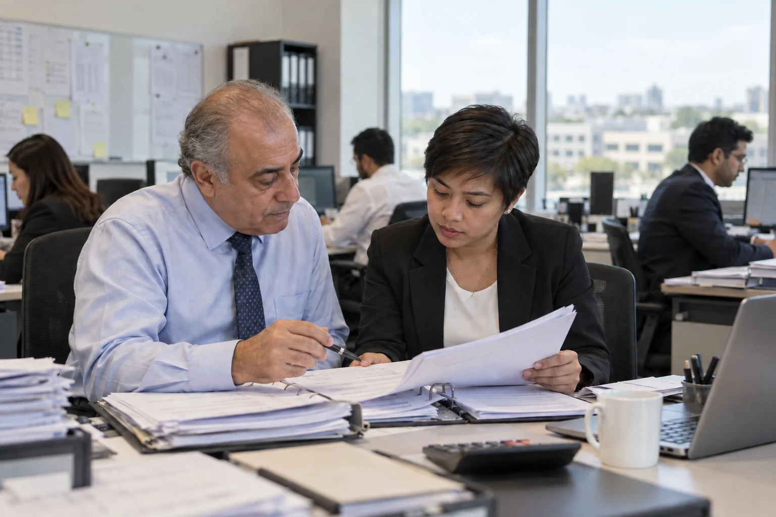 An accounting manager and an associate review work papers among colleagues.