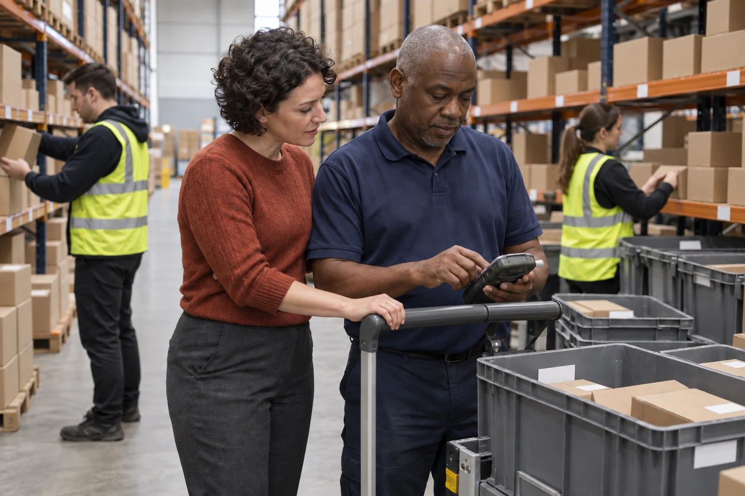 An integration specialist and a warehouse supervisor check a handheld station as colleagues work.