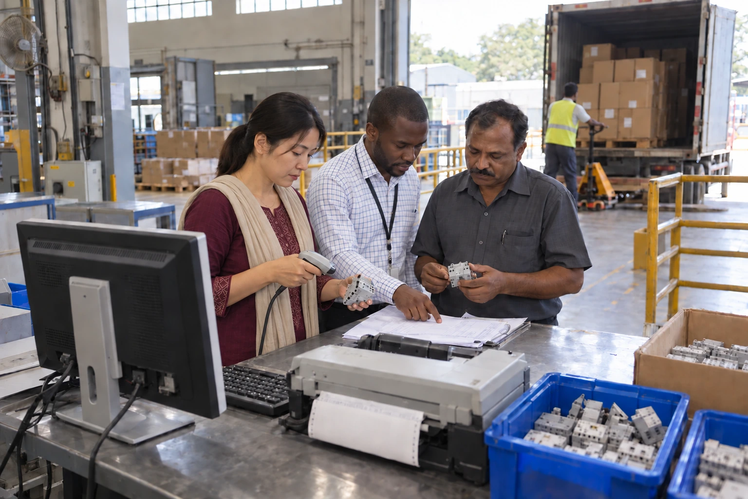 Consultants and plant key users verify a delivery at a factory goods-in area.