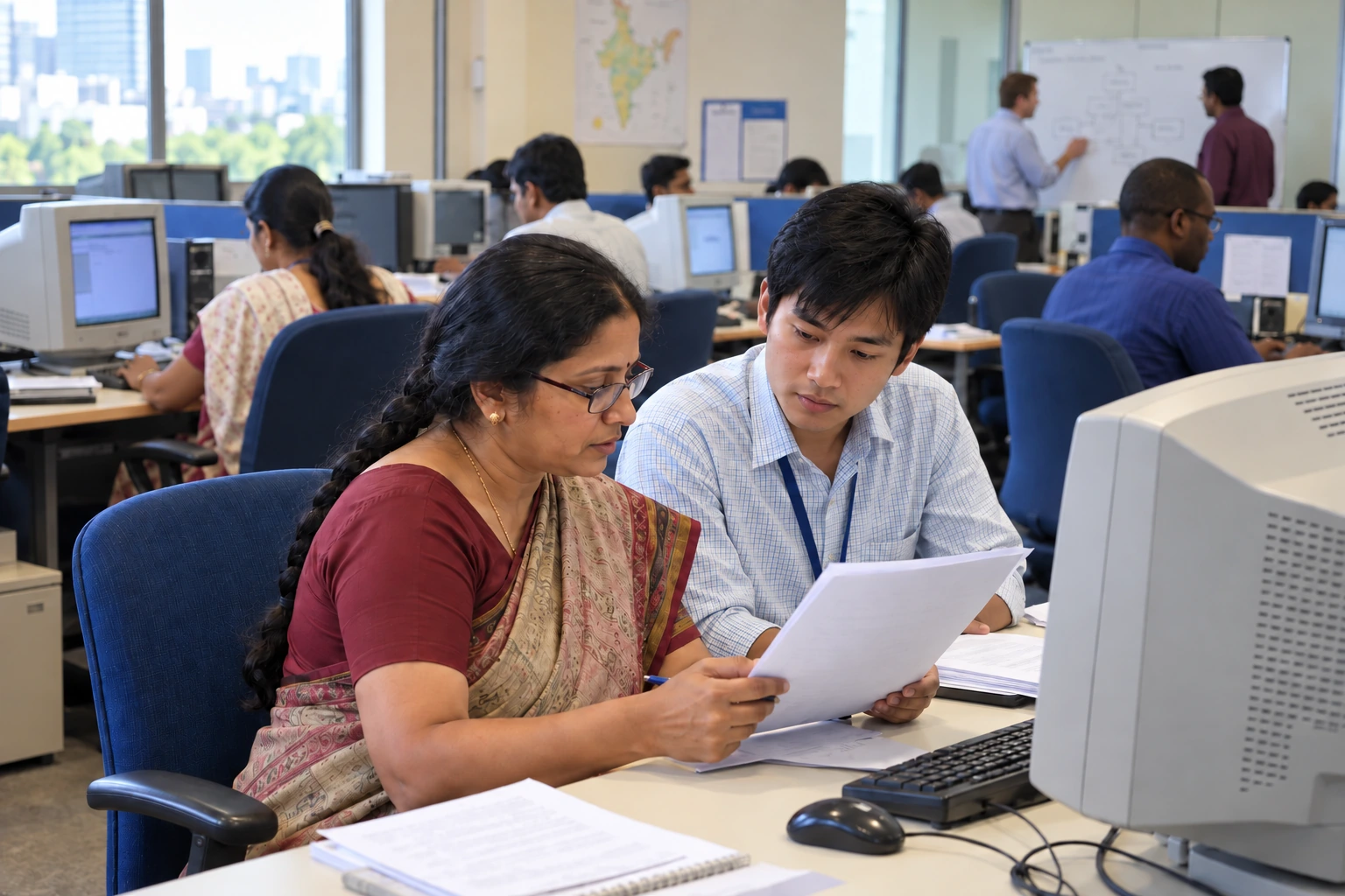 A delivery team lead reviews a printout with a developer among older computers.