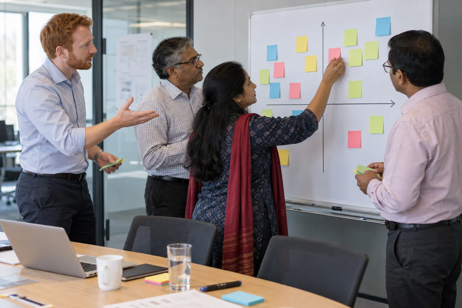 Department heads place initiative cards on a prioritisation wall with a facilitator.
