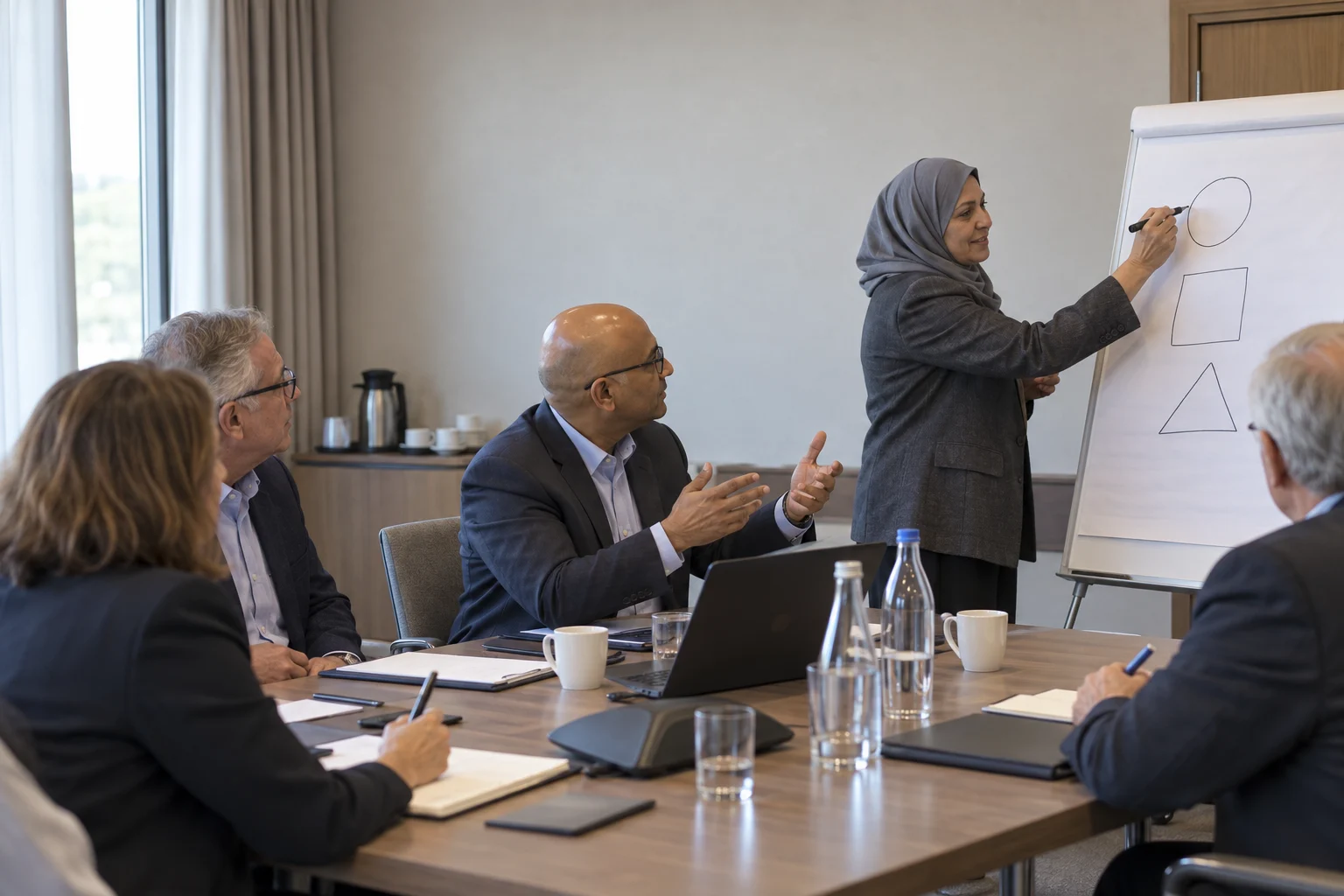 Executives discuss three objectives in a strategy session in a plain meeting room.