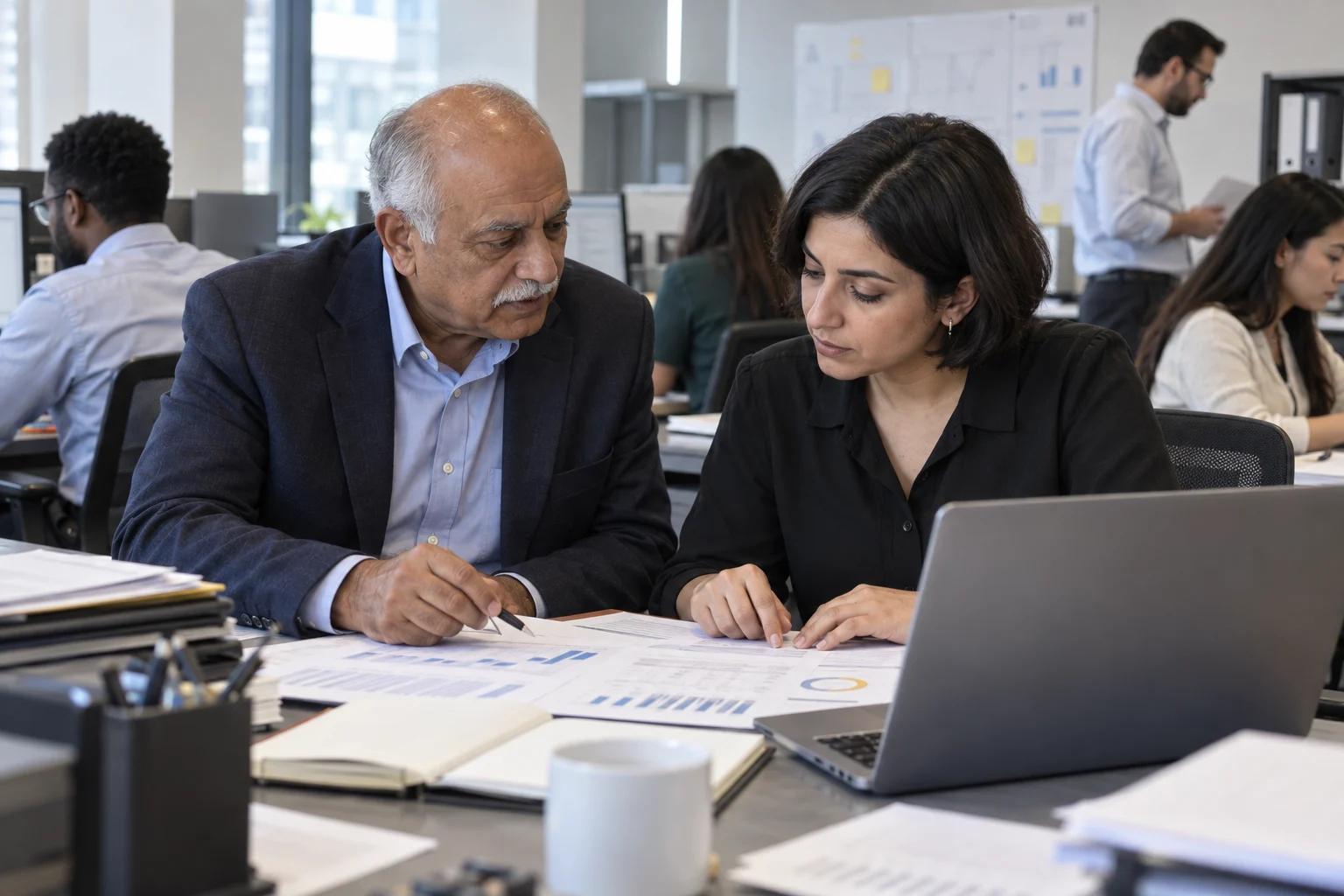 An experienced finance leader and a finance manager review a month-end variance.