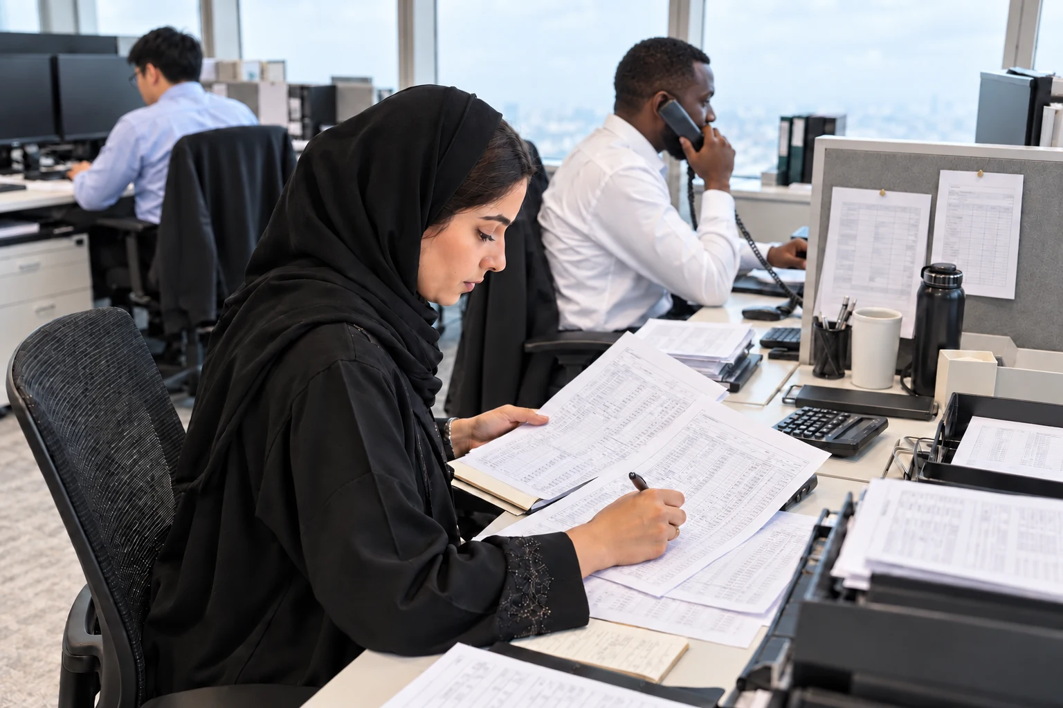 A finance colleague compares ledger sheets while one teammate handles a call and another works at a nearby desk.