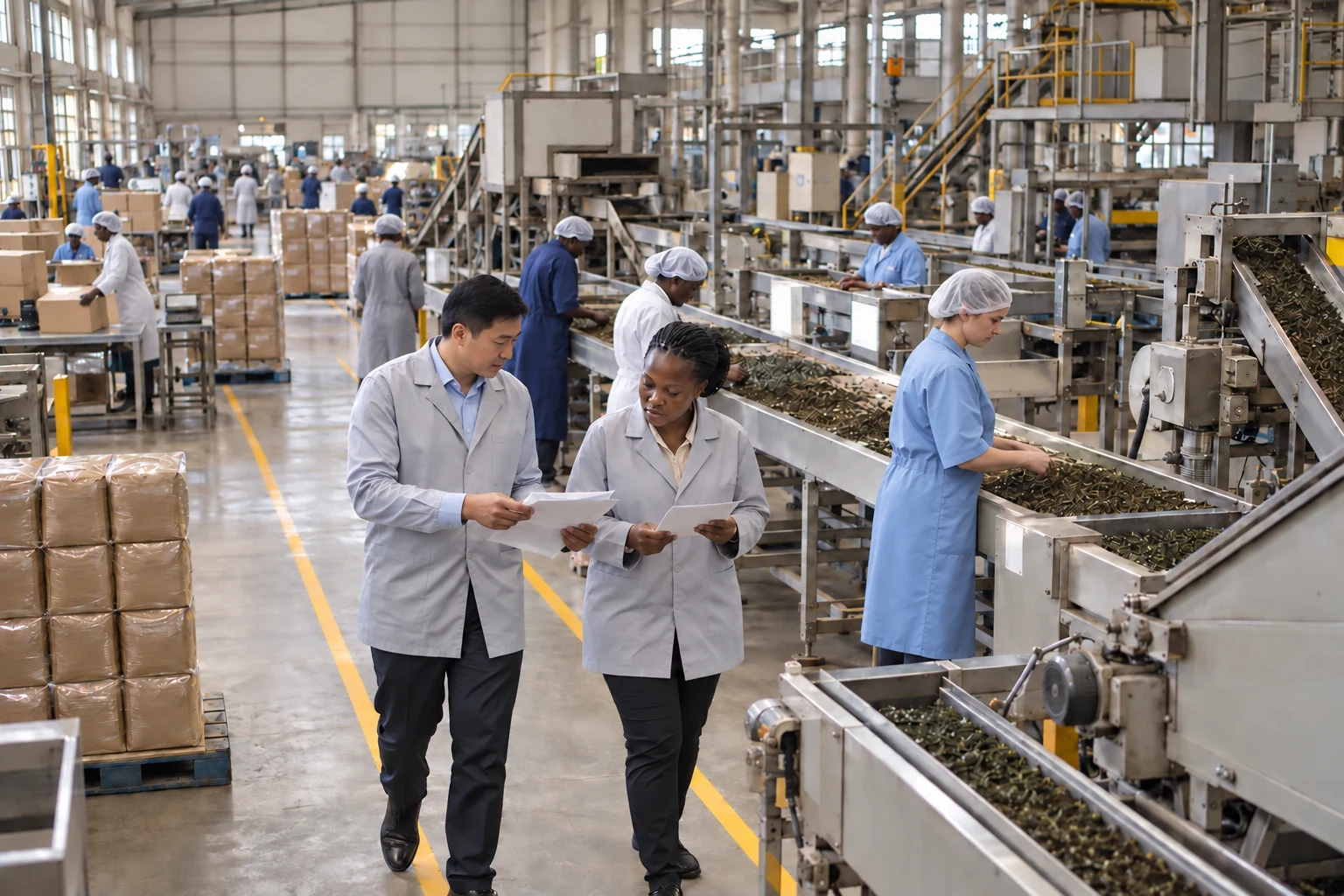 Factory staff and consultants review a process on the production floor.
