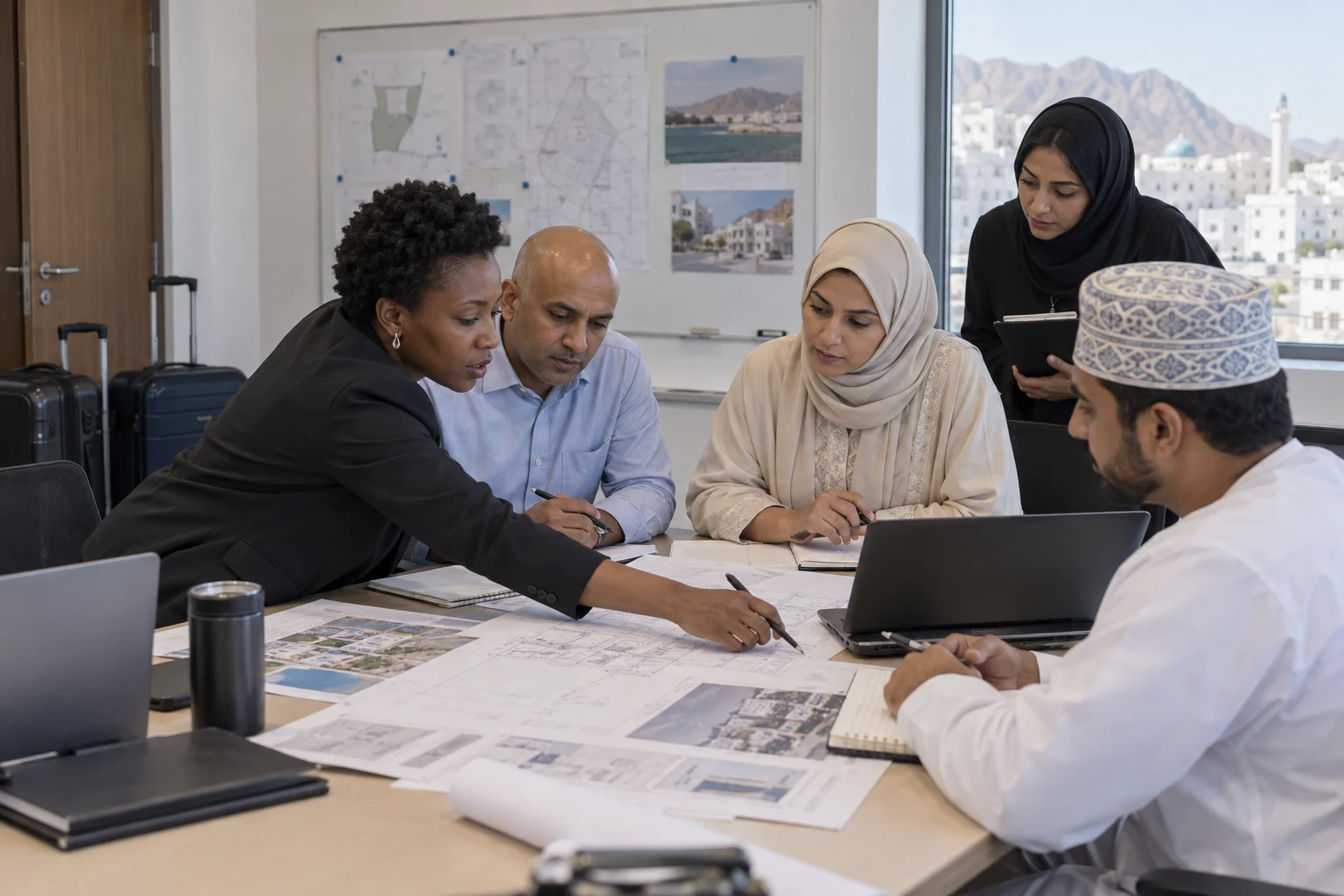 A project team reviews plans with client colleagues, luggage beside them.