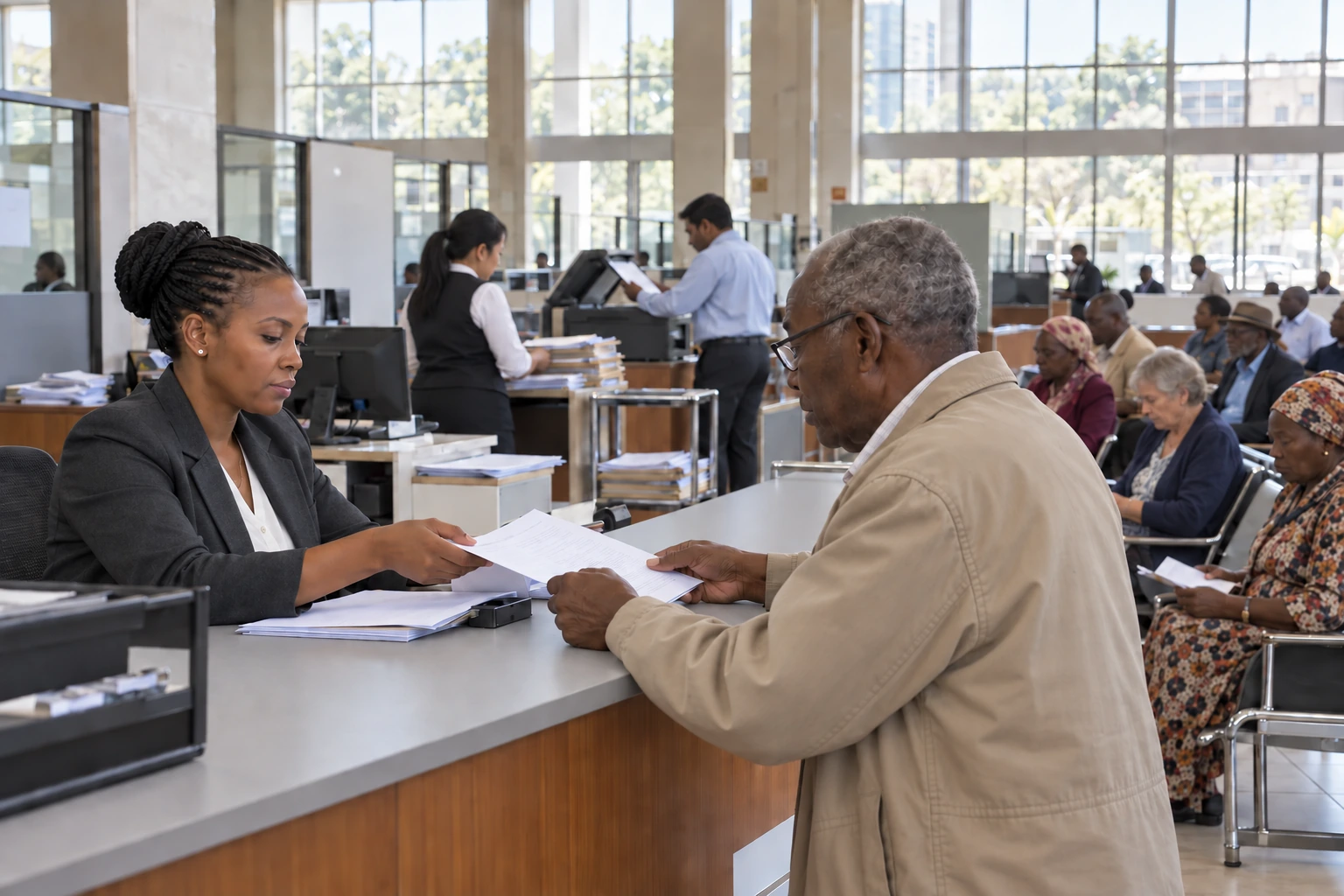 A pension service officer checks papers with an older applicant.