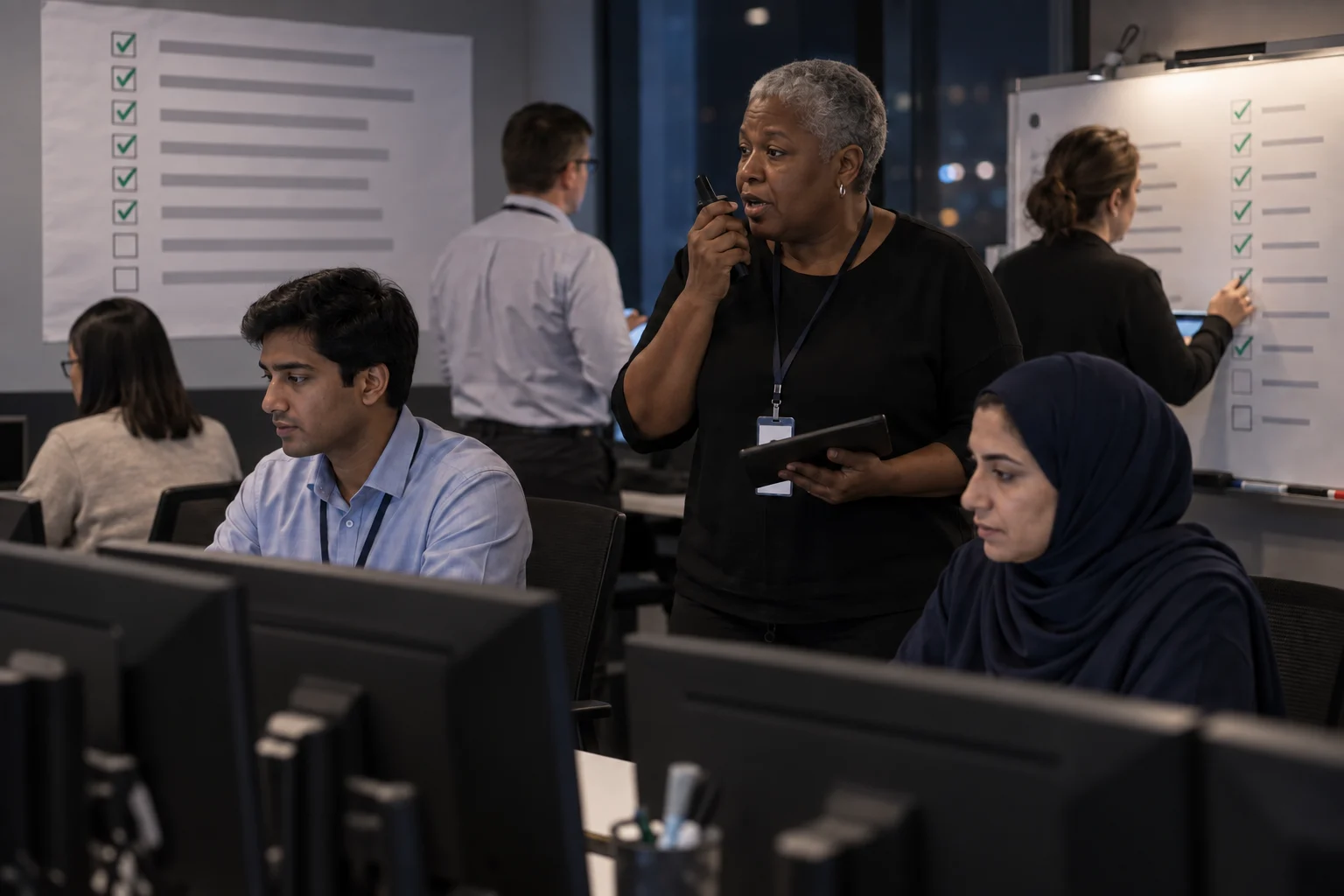 A programme lead calls the next checkpoint for a go-live team working at night.