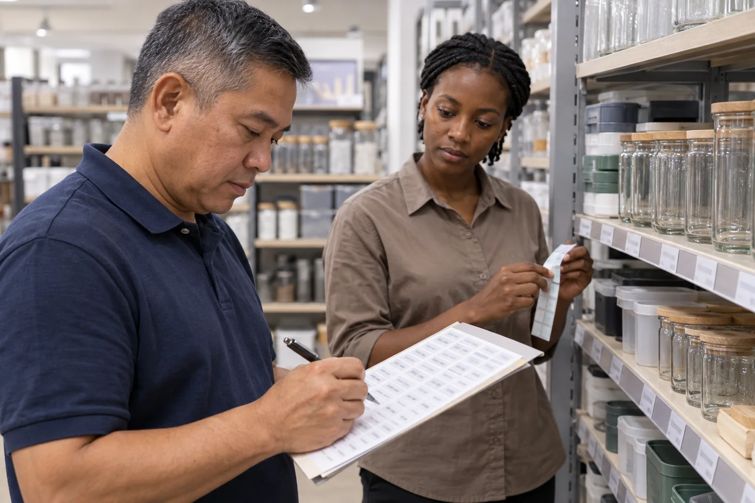 A manager approves a printed change sheet while a colleague waits.
