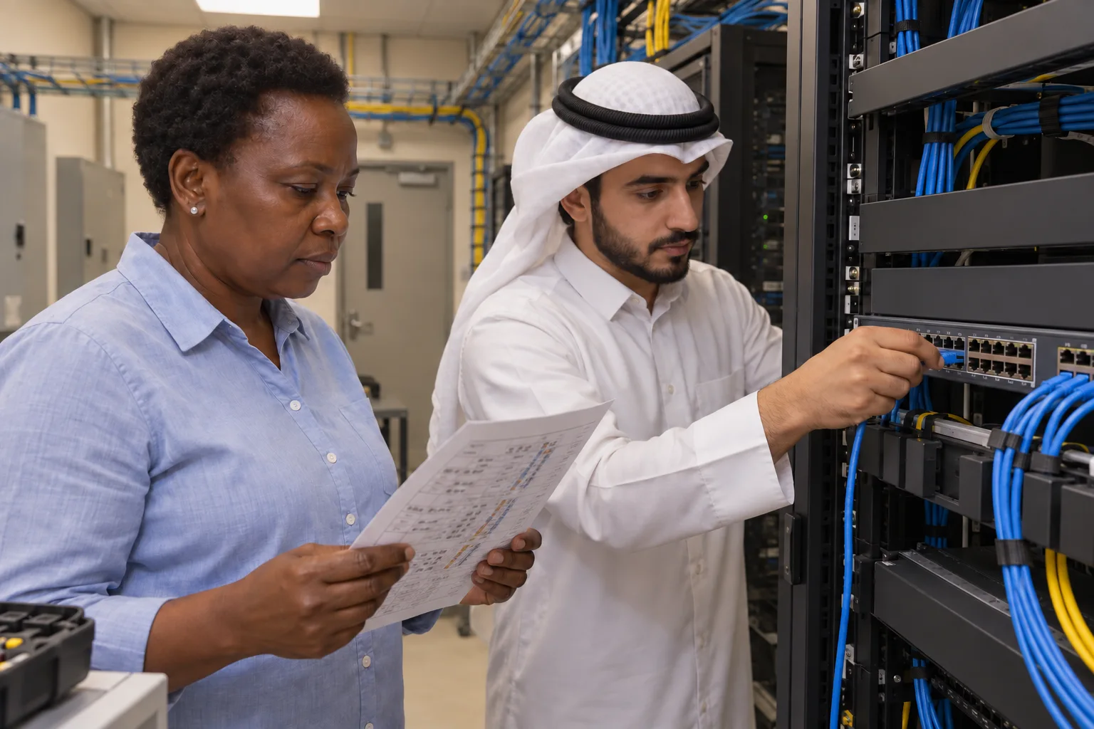 A technician connects a network cable while an architect checks a connection plan.