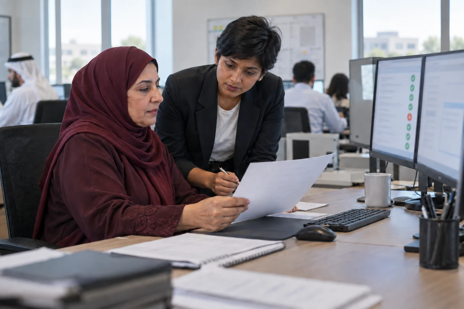 A treasury manager and colleague review an overnight exception summary with one item flagged.